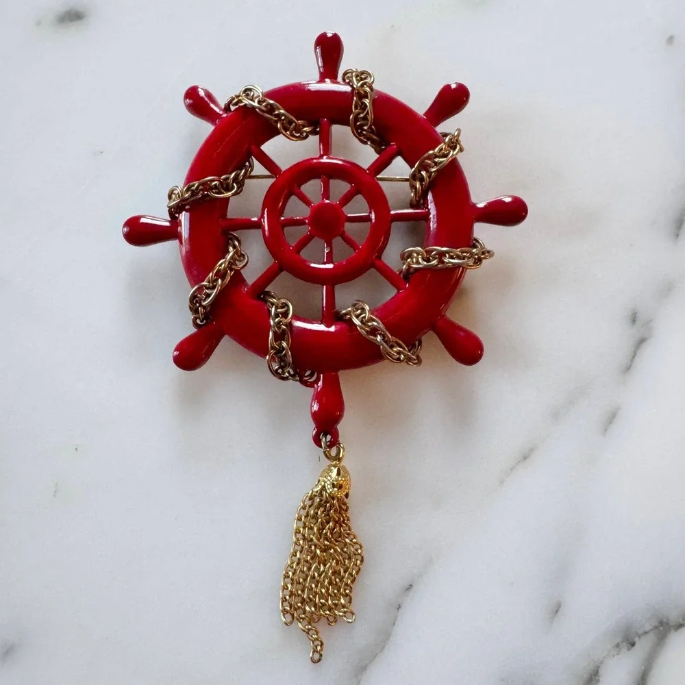 Vintage 1960s‎ Red Ship Wheel Brooch Gold Tassel Nautical Helm Pin Mid Century